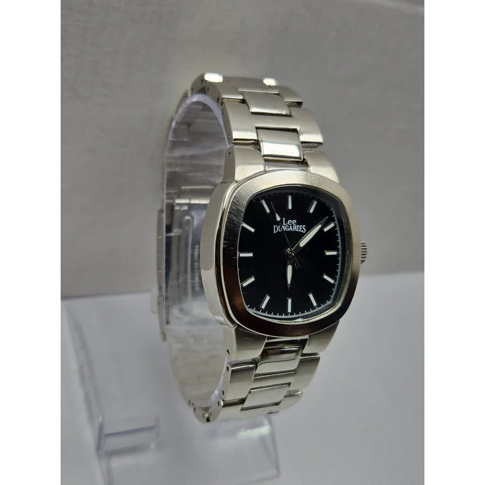 Vintage Lee Dungarees Mens Black Cushion Dial Silver Bracelet Quartz New Battery